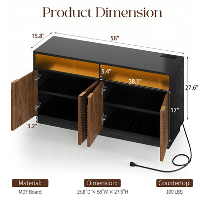 CURLA 58" Fluted TV Stand with Power Outlet, LED TV Stands with Storage &amp; Adjustable Shelf, Entertainment Center  for Living Room, Mid Century
