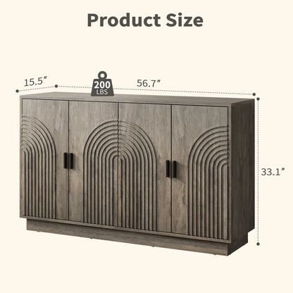 CURLA Fluted Sideboard Buffet Cabinet with Storage, 57" Coffee Bar Cabinet with 4 Doors &amp; Adjustable Shelf, Credenza for Kitchen Living Room