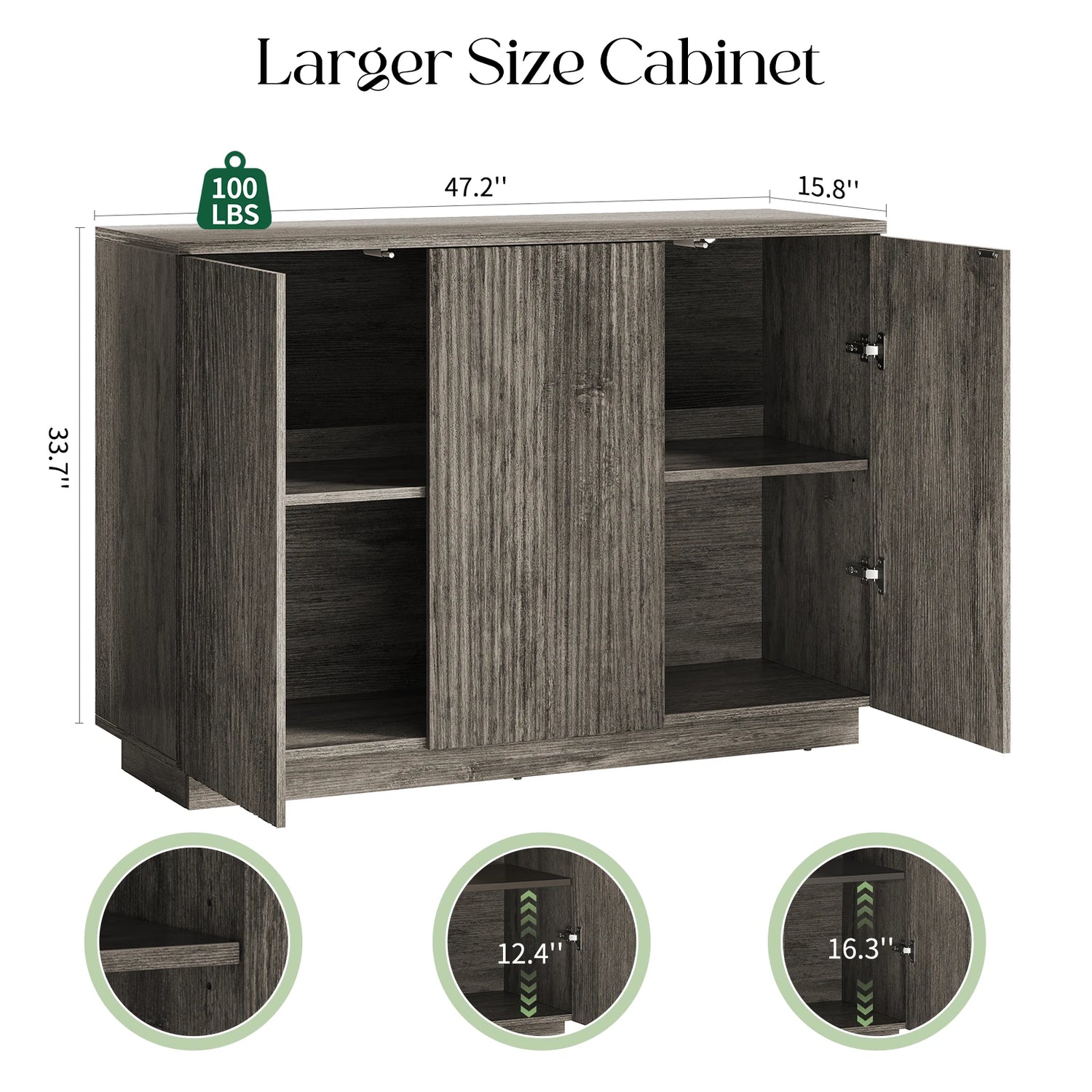 CURLA Sideboard Buffet Cabinet with Storage, 47" Fluted Coffee Bar Cabinet with Adjustable Shelves, Accent Sideboard Cabinet for Living Room Kitchen