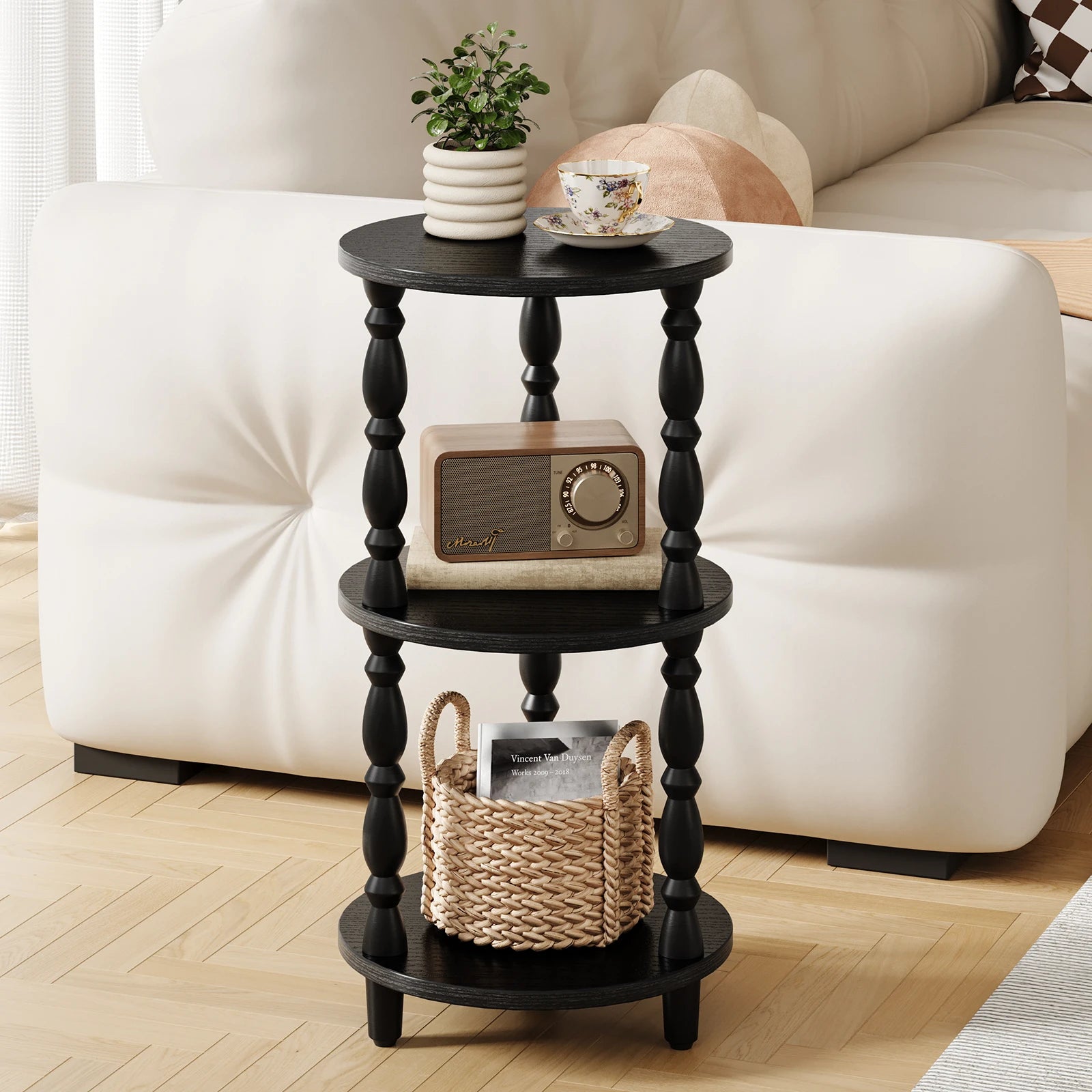 Maliowa 3-Tier Side Table, Small Round End Table for Living Room Bedroom, Accent Table Narrow Nightstand with Storage Shelf