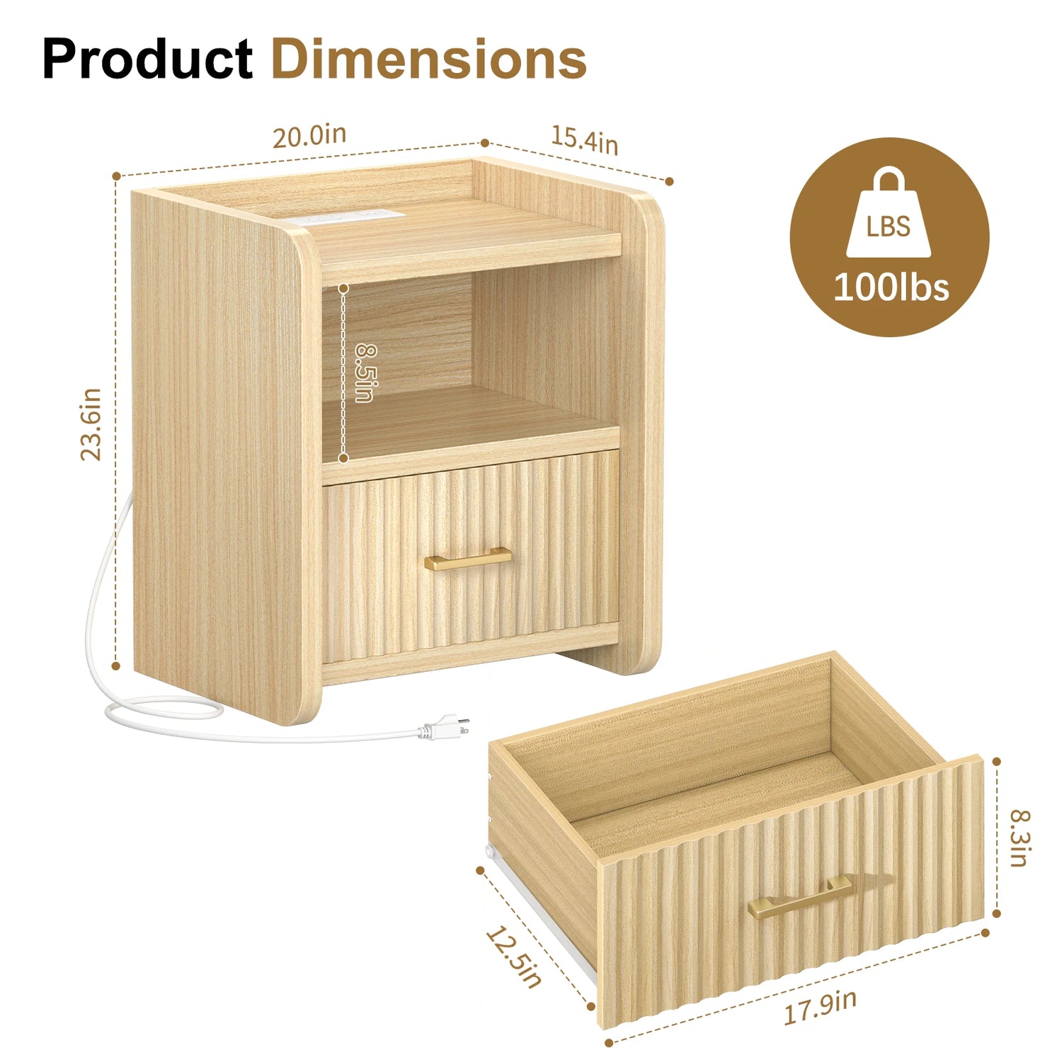 Fluted Nightstand with Charging Station,Wood Bedside Table Night Stand with Drawer and Open Shelf,Modern End Side Table for Bedroom Living Room
