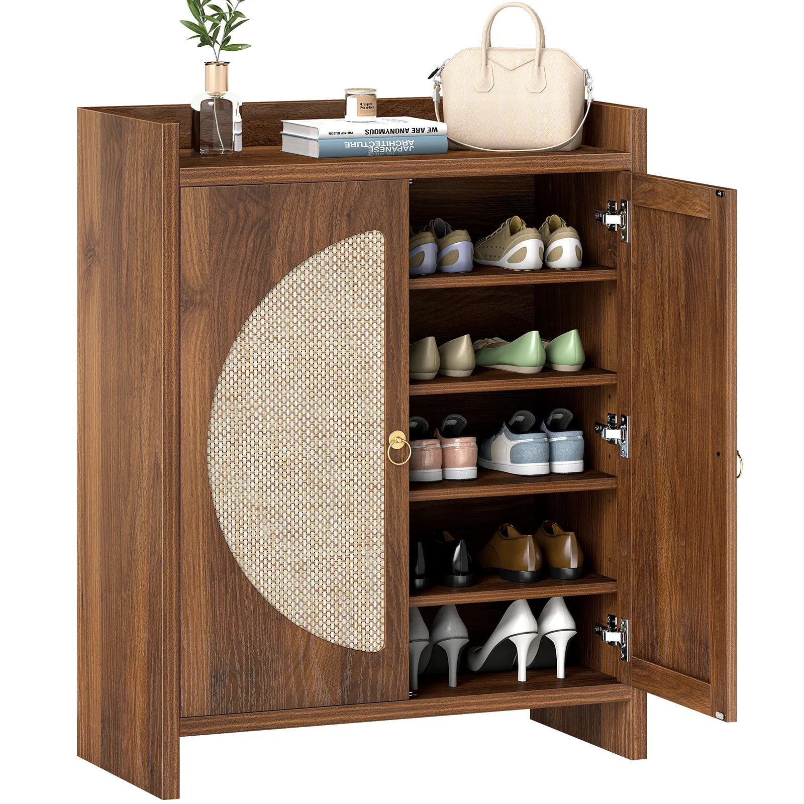 CURLA Rattan Shoe Cabinet Storage for Entryway, Entry Way Shoe Storage Cabinet with Adjustable Shelves, Wood Shoe Organizer Cabinet, Accent Cabinet with Doors for Entrance Hallway Living Room Foyer