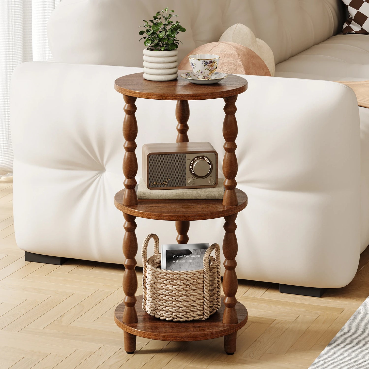 Maliowa 3-Tier Side Table, Small Round End Table for Living Room Bedroom, Accent Table Narrow Nightstand with Storage Shelf