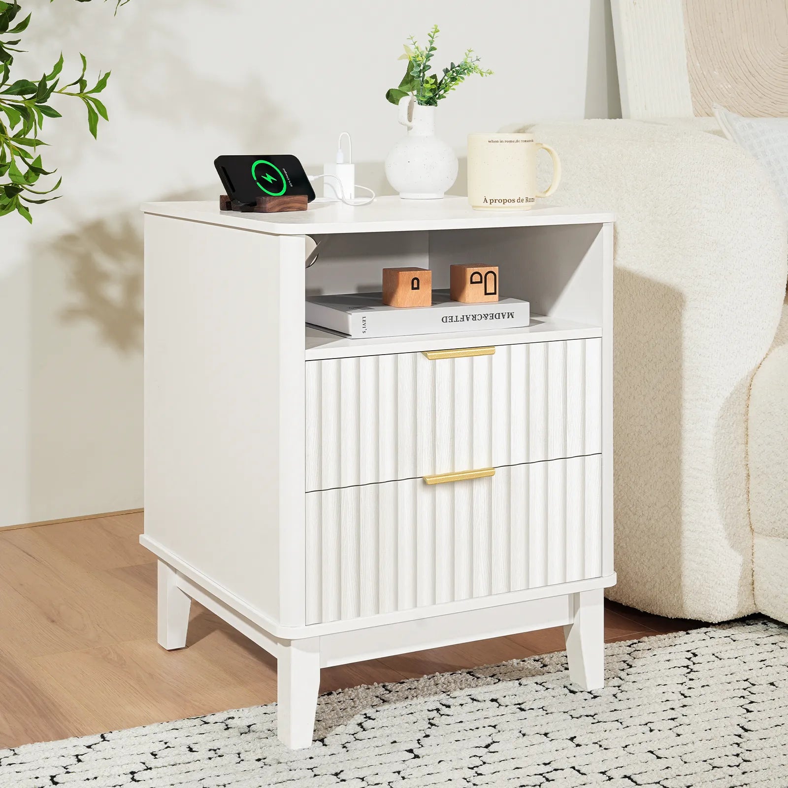Night Stand with Charger Station, Fluted Nightstand with 2 Drawers and Storage Shelf, Mid Century Modern End Table for Bedroom Living Room
