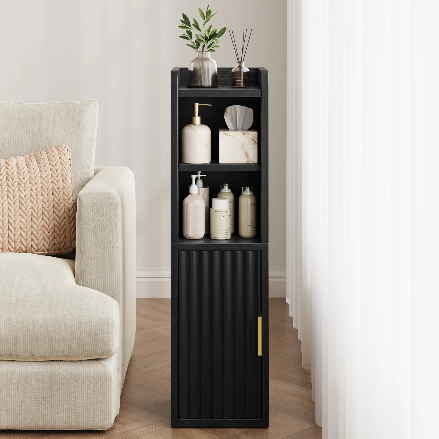 Maliowa Small Bathroom Storage Cabinet, Narrow Bathroom Cabinet with Fluted Door&amp;Adjustable Shelf, Wood Toilet Paper Storage Cabinets for Small Space