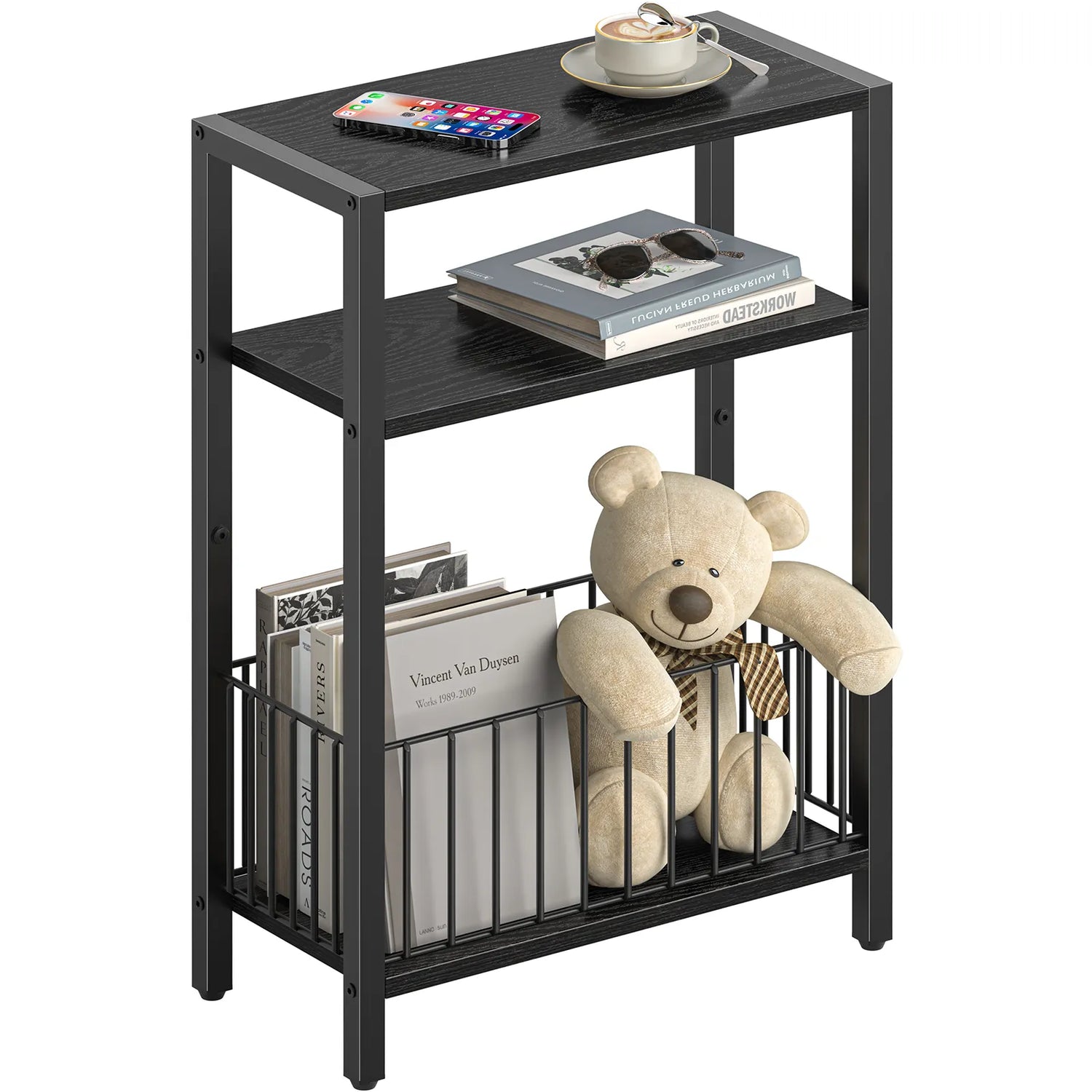 Yoob Narrow Side Table with Storage Basket, Small End Table for Small Spaces, Skinny End Tables Living Room Bedroom Office, 3 Tier Slim Nightstand