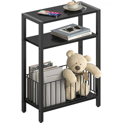 Yoob Narrow Side Table with Storage Basket, Small End Table for Small Spaces, Skinny End Tables Living Room Bedroom Office, 3 Tier Slim Nightstand