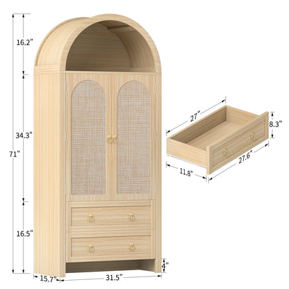 71" Tall Arched Kitchen Pantry Storage Cabinet, Food Pantry Cabinet Bookshelf with 2 Drawers, Wood Storage Cabinets with Door for Dining Room, Living Room