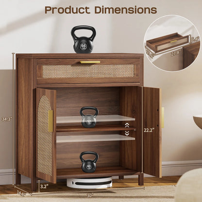 Rattan Buffet Cabinet with Storage, Sideboard Cabinet with Doors and Shelves, Accent Storage Cabinet with Drawers, Wood Coffee Bar for Kitchen