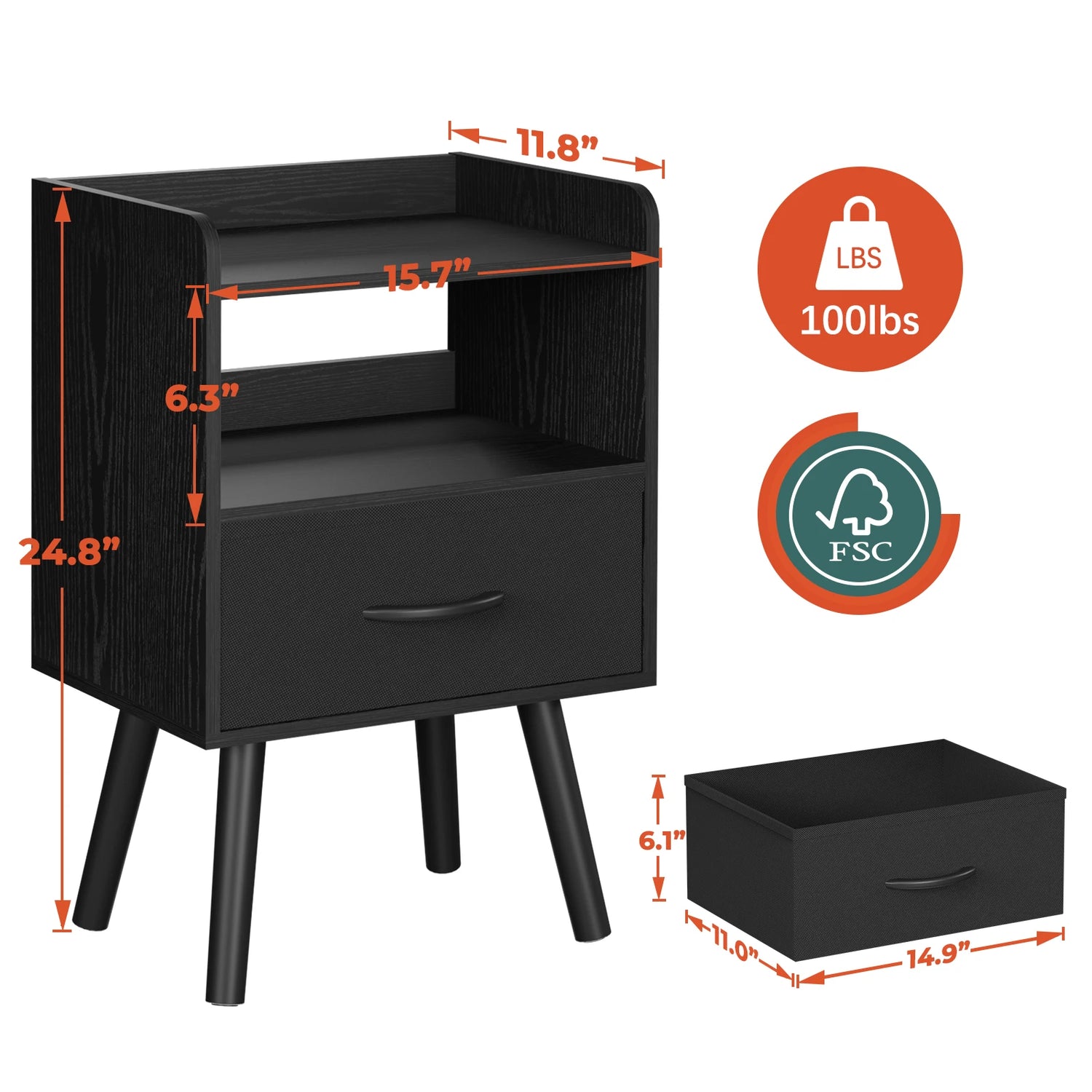 Yoob Night Stand with Fabric Drawer, Mid Century Modern Nightstand with Open Shelf, Wood Side Table Nightstands, 2-Tier Night Stands for Bedrooms