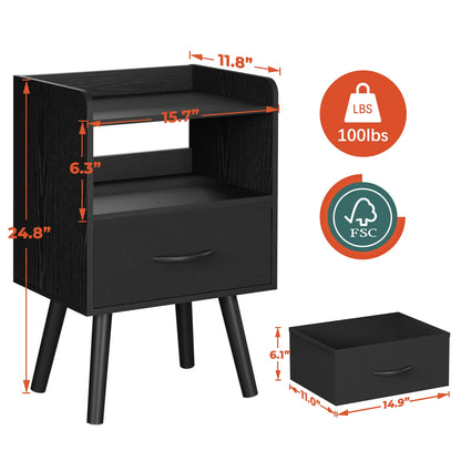 Yoob Night Stand with Fabric Drawer, Mid Century Modern Nightstand with Open Shelf, Wood Side Table Nightstands, 2-Tier Night Stands for Bedrooms