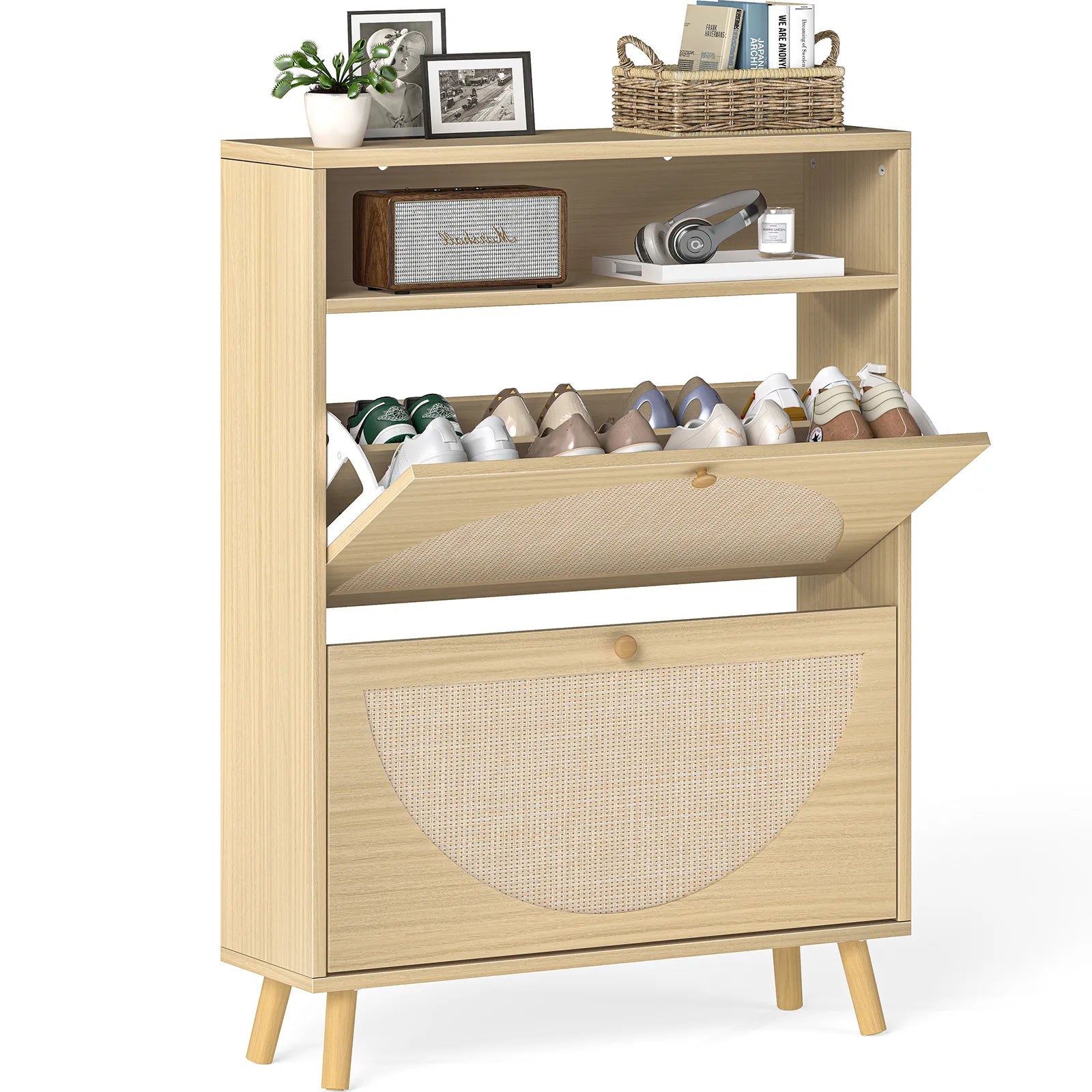 Rattan Shoe Cabinet with 2 Flip Drawers, Narrow Shoe Storage Cabinet with Adjustable Shelves, Wood Shoe Cabinet Storage for Entryway, Hallway