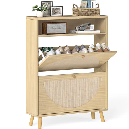 Rattan Shoe Cabinet with 2 Flip Drawers, Narrow Shoe Storage Cabinet with Adjustable Shelves, Wood Shoe Cabinet Storage for Entryway, Hallway
