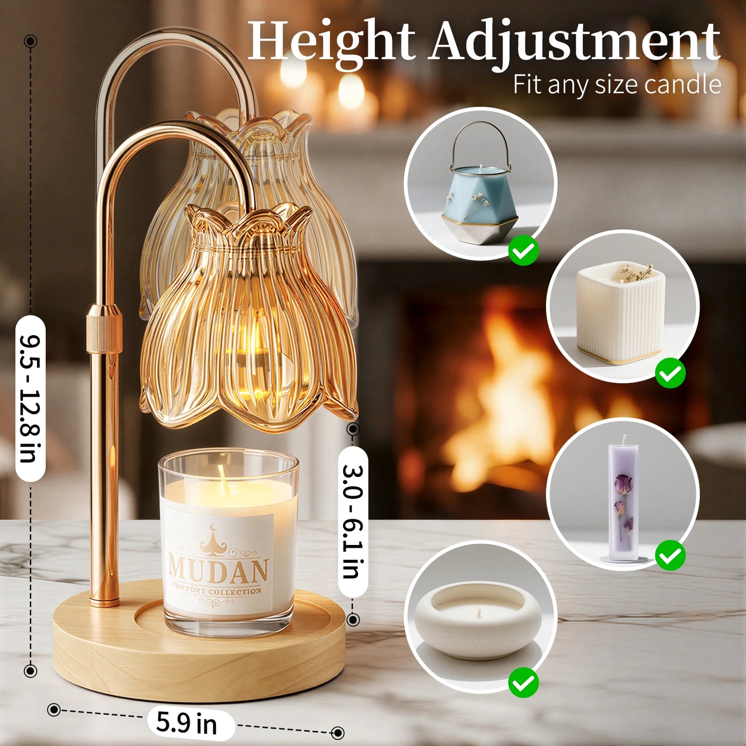 Maliowa Candle Warmer Lamp with Timer &amp; Dimmer - Adjustable Height Electric Candle Warmer, Gift for Women, Birthdays &amp; Housewarmings