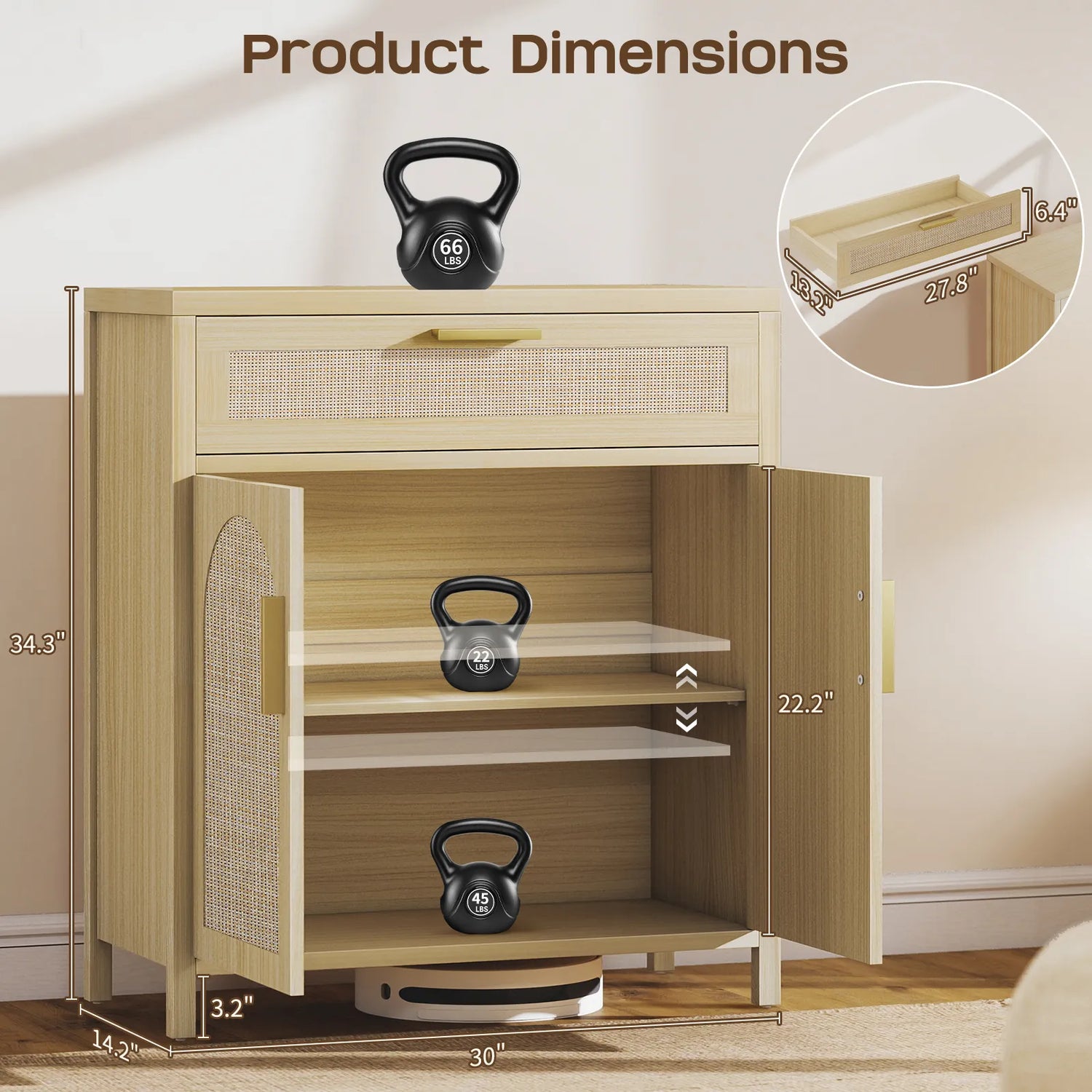 Rattan Buffet Cabinet with Storage, Sideboard Cabinet with Doors and Shelves, Accent Storage Cabinet with Drawers, Wood Coffee Bar for Kitchen