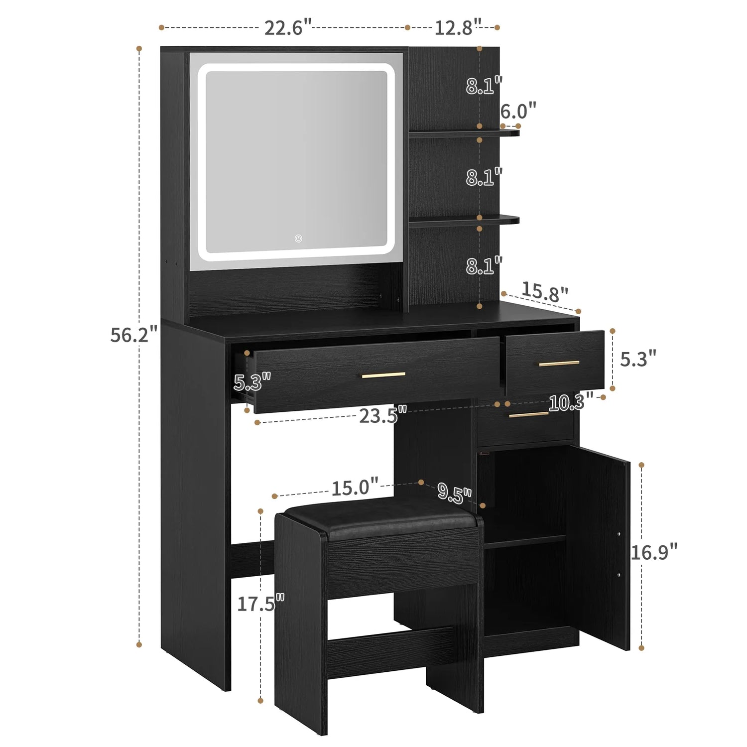 Vanity Desk with Mirror and Lights, Makeup Vanity Desk with Drawers &amp; Cabinet, Vanities with Upholstered Chair, Black Makeup Table with Storage Shelves, Girls Dressing Table for Bedroom