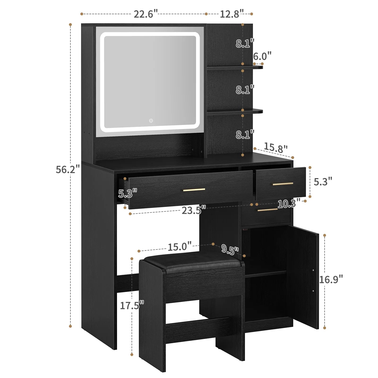 Vanity Desk with Mirror and Lights, Makeup Vanity Desk with Drawers &amp; Cabinet, Vanities with Upholstered Chair, Black Makeup Table with Storage Shelves, Girls Dressing Table for Bedroom
