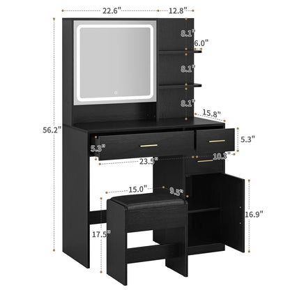 Vanity Desk with Mirror and Lights, Makeup Vanity Desk with Drawers &amp; Cabinet, Vanities with Upholstered Chair, Black Makeup Table with Storage Shelves, Girls Dressing Table for Bedroom