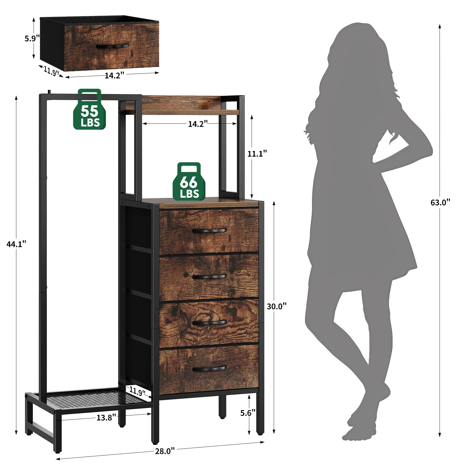 Yoob Small Dresser with Hanging Rack - Small Closet with 4 Fabric Storage Drawers, Chest of Drawer for Bedroom Entryway Dorm