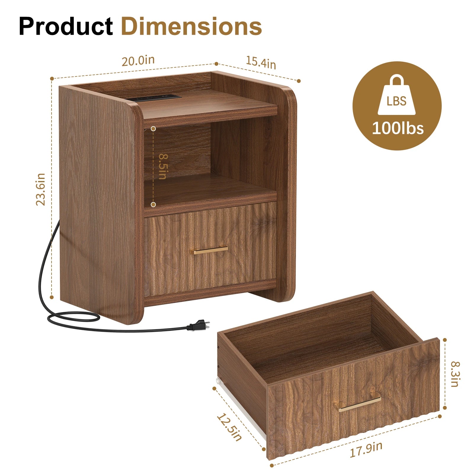 Fluted Nightstand with Charging Station,Wood Bedside Table Night Stand with Drawer and Open Shelf,Modern End Side Table for Bedroom Living Room