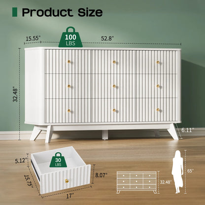 9 Drawer Dresser for Bedroom, Fluted White Dresser for Storage, 52.8" Wood Dressers &amp; Chests of Drawers for Closet, Living Room, Entryway