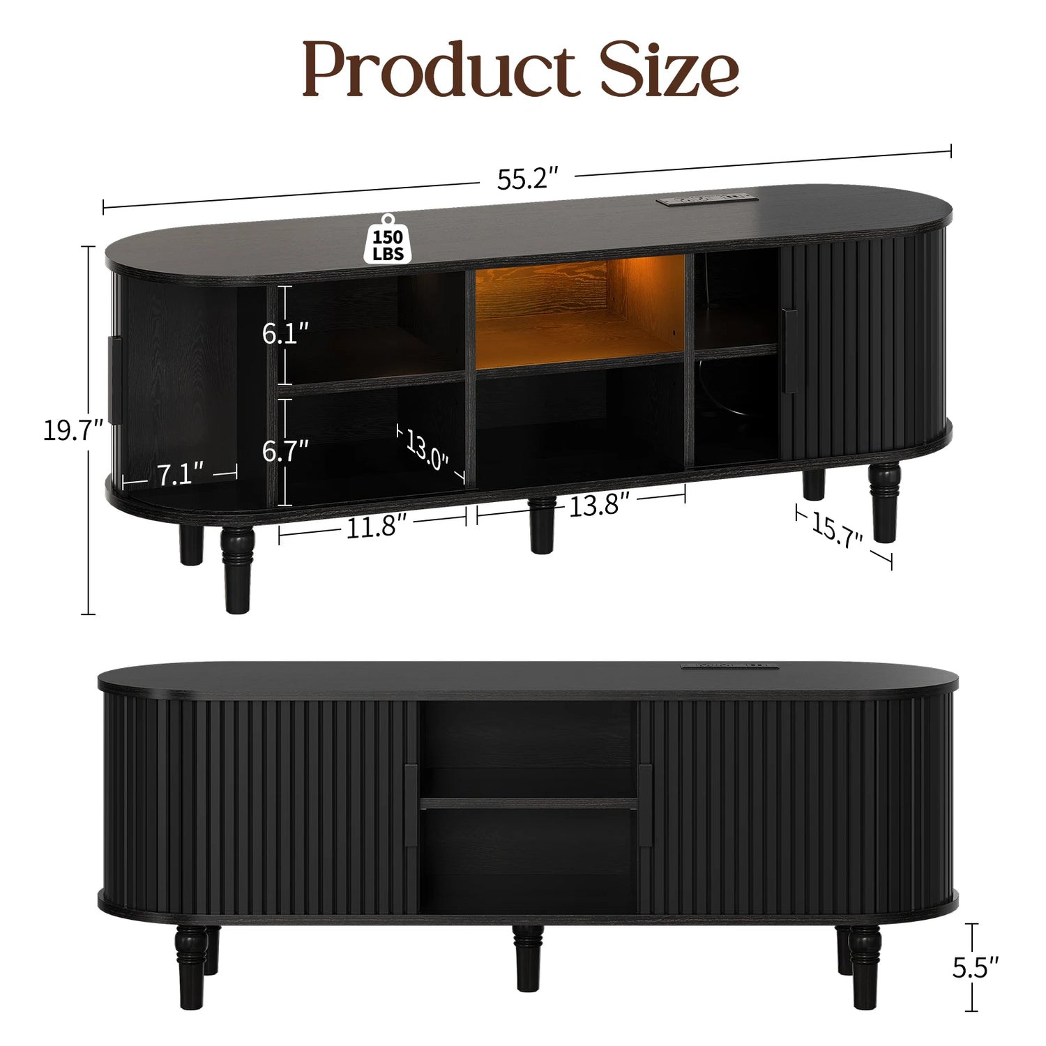 CURLA 55" TV Stand with Power Outlet, Entertainment Center with Sliding Tambour Door, Modern TV Stands for Living Room Bedroom, LED Media Console
