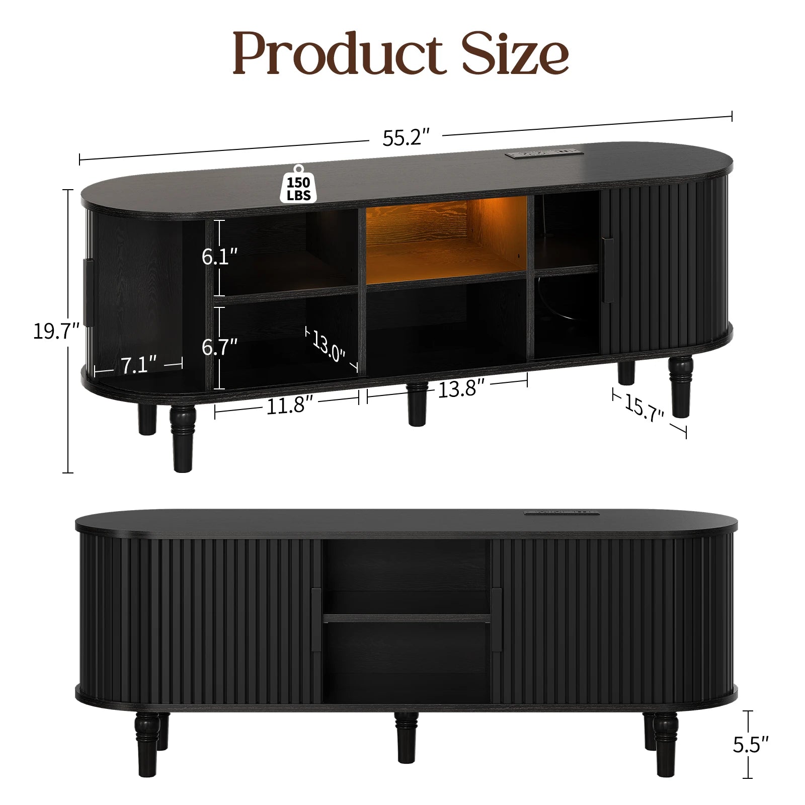 CURLA 55" TV Stand with Power Outlet, Entertainment Center with Sliding Tambour Door, Modern TV Stands for Living Room Bedroom, LED Media Console