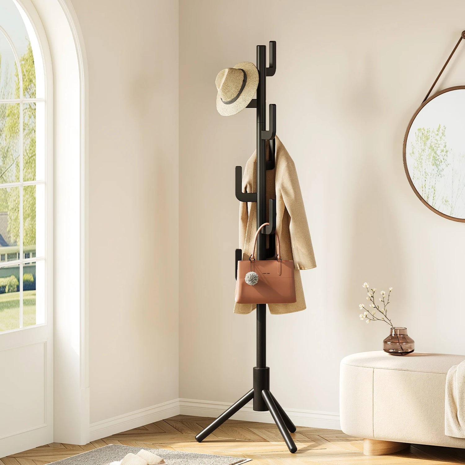 Maliowa Solid Wood Coat Rack Freestanding, Cactus Coat Tree with 8 Hooks for Jacket, Hat, Clothes, Coat Hanger Stand for Hall, Entryway, Bedroom