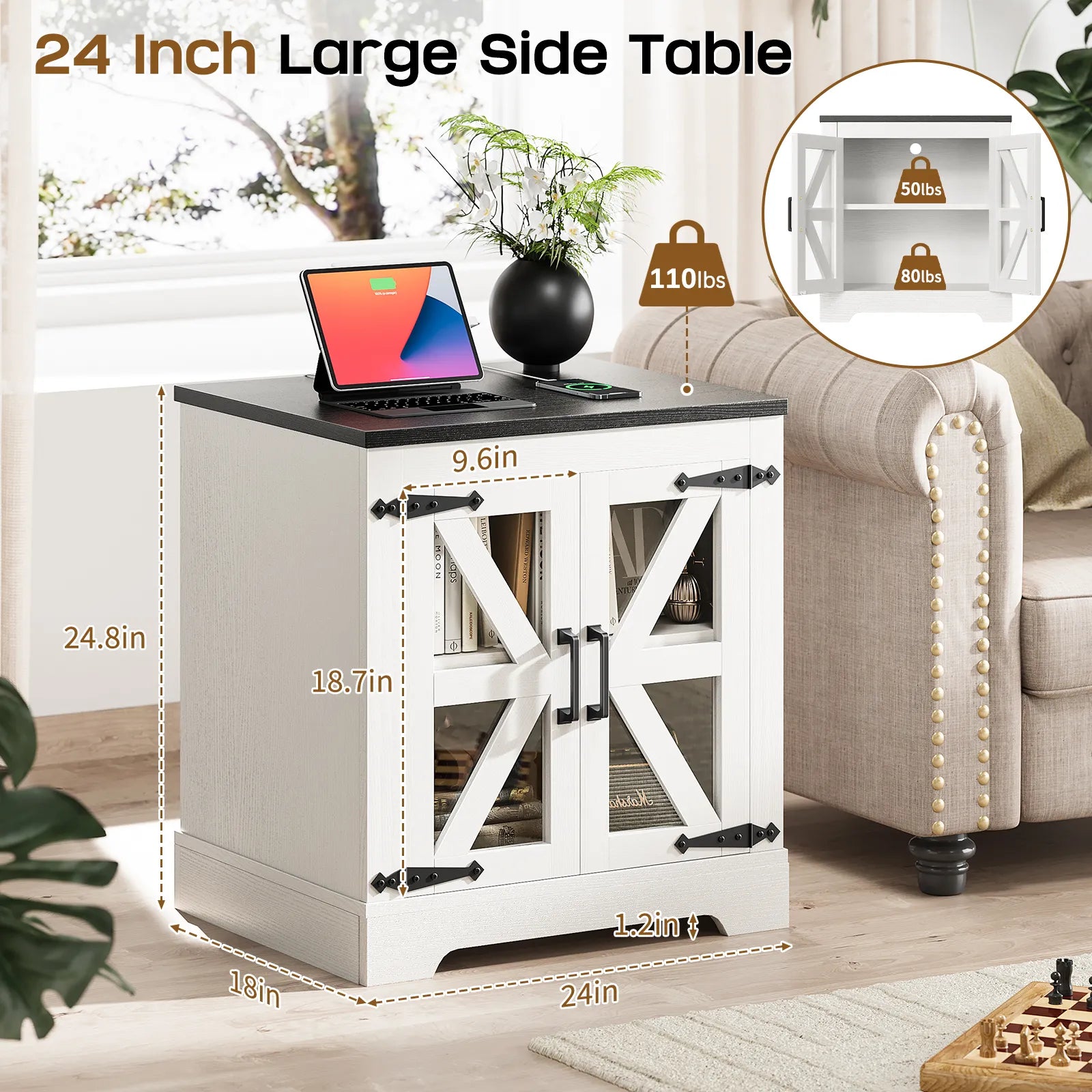 Curlaky Farmhouse Nightstand with Charging Station, Night Stand Side Table with Storage Cabinet, End Table with Adjustable Shelf, Side Tables Bedroom