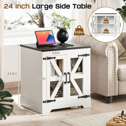 Curlaky Farmhouse Nightstand with Charging Station, Night Stand Side Table with Storage Cabinet, End Table with Adjustable Shelf, Side Tables Bedroom