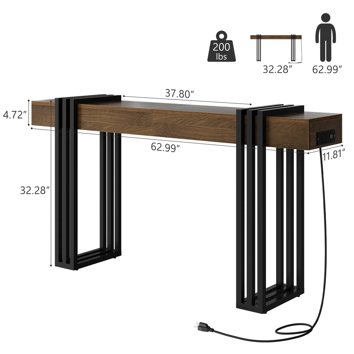 63" Long Console Table, Wood Entryway Table with Black Parallel Metal Frame &amp; Outlet, Behind Couch Table for Hallway Living Room Foyer, Walnut