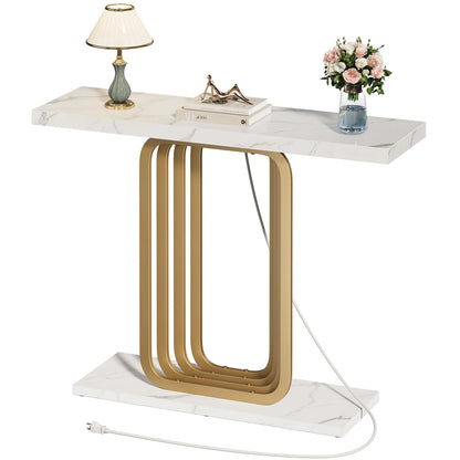 Narrow Console Table with Outlet, Industrial Entryway Table with Unique Base, Small Sofa Table, behind couch table for Entry Way Living Room,White