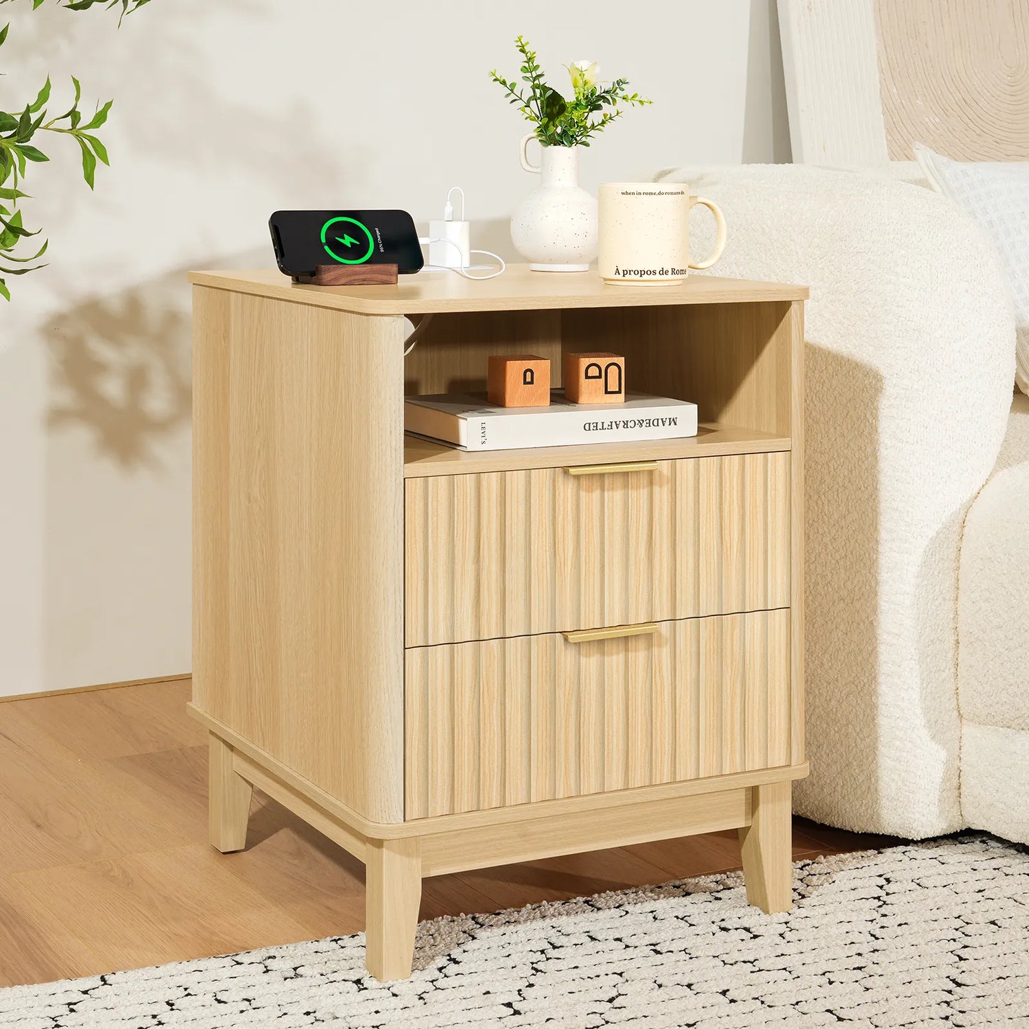 Night Stand with Charger Station, Fluted Nightstand with 2 Drawers and Storage Shelf, Mid Century Modern End Table for Bedroom Living Room