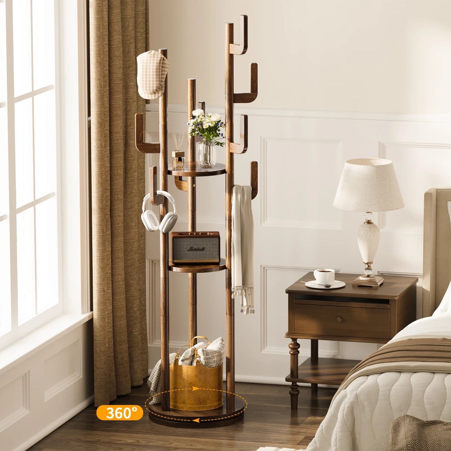 Rotary Coat Rack Freestanding, Solid Wood Coat Tree with 9 Hooks &amp; 3 Open Shelves for Corner, Entryway, Hall Tree for Purse, Bag, Jacket, Hat