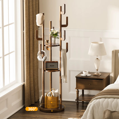 Rotary Coat Rack Freestanding, Solid Wood Coat Tree with 9 Hooks &amp; 3 Open Shelves for Corner, Entryway, Hall Tree for Purse, Bag, Jacket, Hat