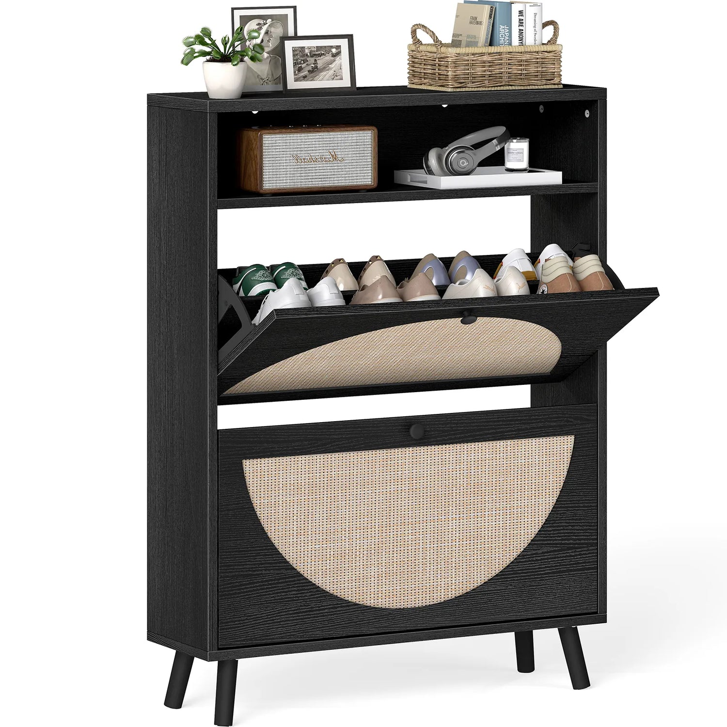 Rattan Shoe Cabinet with 2 Flip Drawers, Narrow Shoe Storage Cabinet with Adjustable Shelves, Wood Shoe Cabinet Storage for Entryway, Hallway