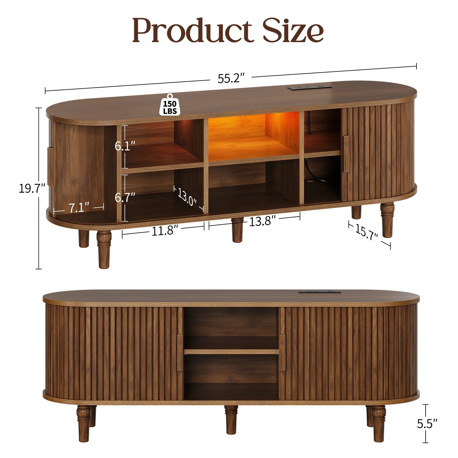 CURLA 55" TV Stand with Power Outlet, Entertainment Center with Sliding Tambour Door, Modern TV Stands for Living Room Bedroom, LED Media Console