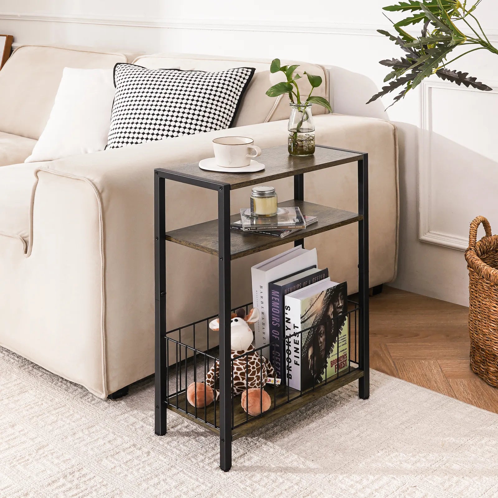 Yoob Narrow Side Table with Storage Basket, Small End Table for Small Spaces, Skinny End Tables Living Room Bedroom Office, 3 Tier Slim Nightstand