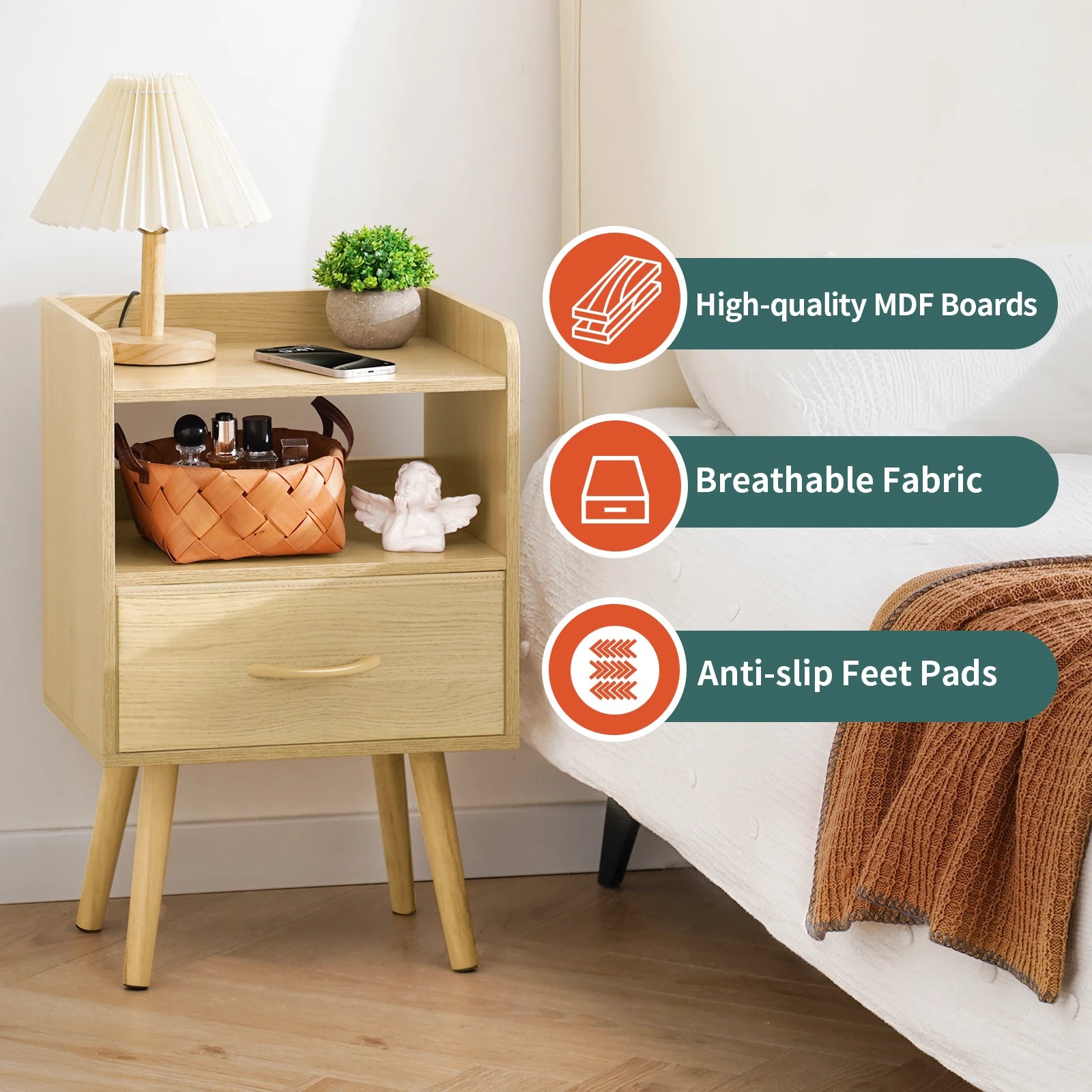 Yoob Night Stand with Fabric Drawer, Mid Century Modern Nightstand with Open Shelf, Wood Side Table Nightstands, 2-Tier Night Stands for Bedrooms