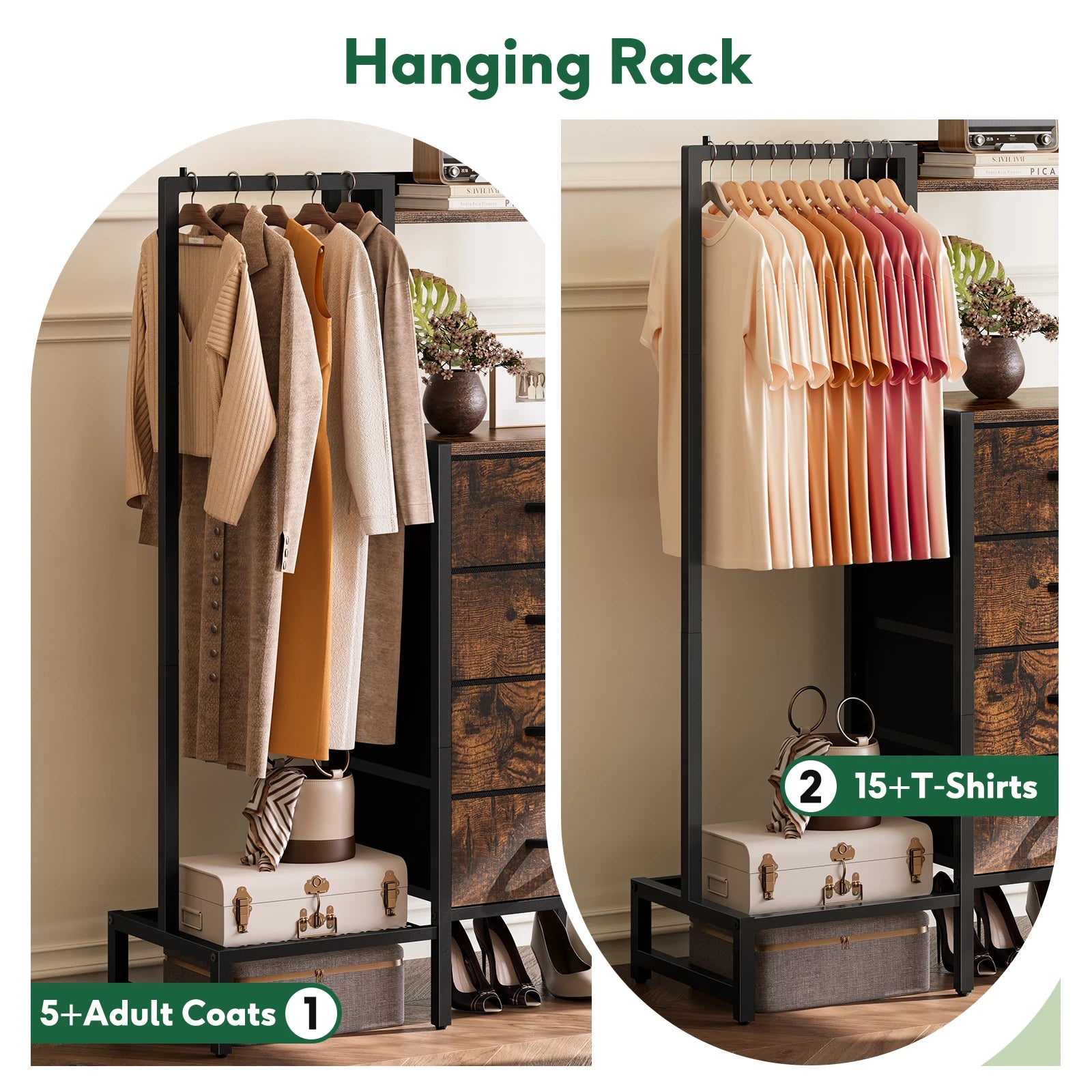 Yoob Small Dresser with Hanging Rack - Small Closet with 4 Fabric Storage Drawers, Chest of Drawer for Bedroom Entryway Dorm