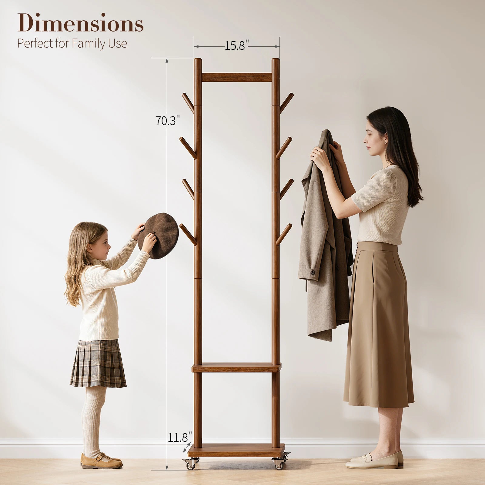 Solid Wood Coat Rack Freestanding, Rolling Clothes Rack with Wheels, Clothing Rack with 8 Hooks &amp; Shelevs, Clothing Racks for Hanging Clothes