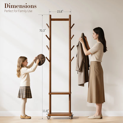 Solid Wood Coat Rack Freestanding, Rolling Clothes Rack with Wheels, Clothing Rack with 8 Hooks &amp; Shelevs, Clothing Racks for Hanging Clothes