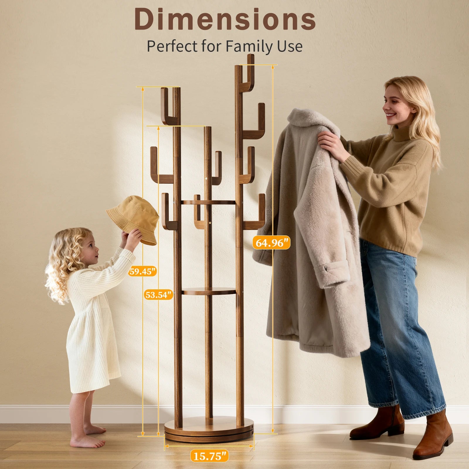 Rotary Coat Rack Freestanding, Solid Wood Coat Tree with 9 Hooks &amp; 3 Open Shelves for Corner, Entryway, Hall Tree for Purse, Bag, Jacket, Hat