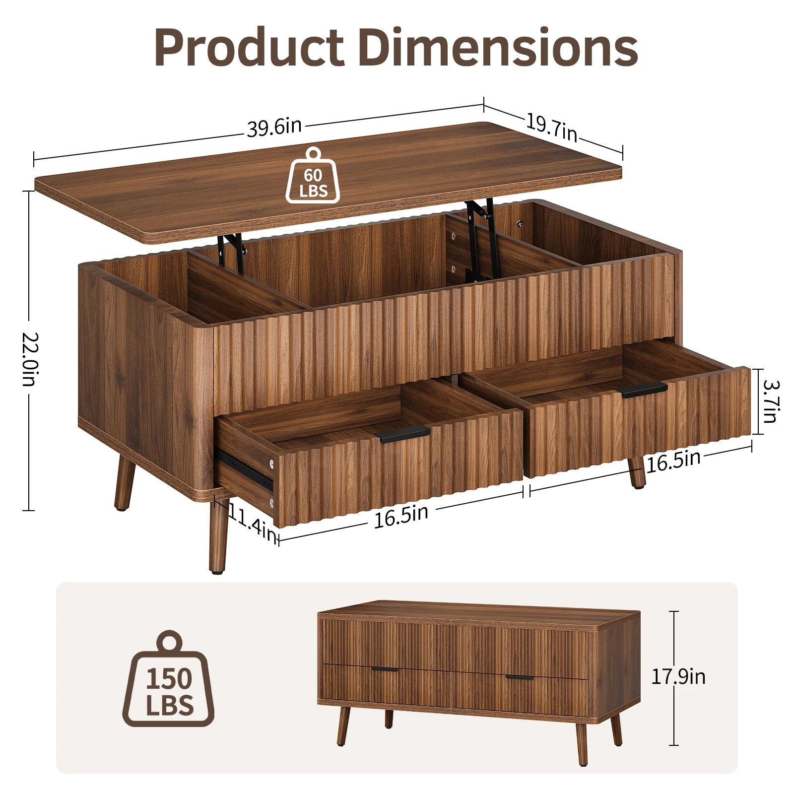 Lift Top Coffee Table with Storage, Wood Coffee Tables for Living Room with Drawers &amp; Hidden Compartment, Mid Century Modern Center Table，Walnut