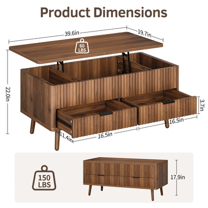Lift Top Coffee Table with Storage, Wood Coffee Tables for Living Room with Drawers &amp; Hidden Compartment, Mid Century Modern Center Table，Walnut