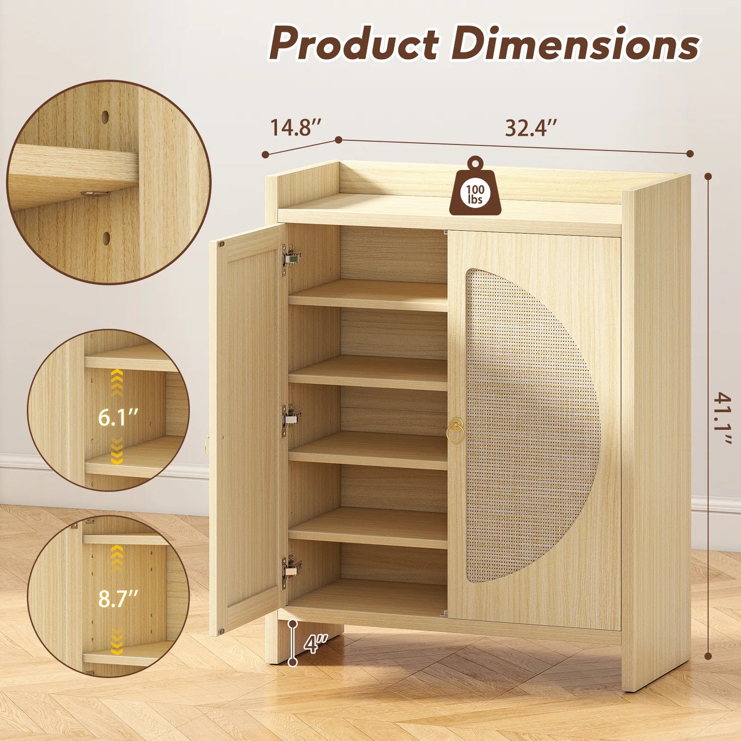 CURLA Rattan Shoe Cabinet Storage for Entryway, Entry Way Shoe Storage Cabinet with Adjustable Shelves, Wood Shoe Organizer Cabinet, Accent Cabinet with Doors for Entrance Hallway Living Room Foyer