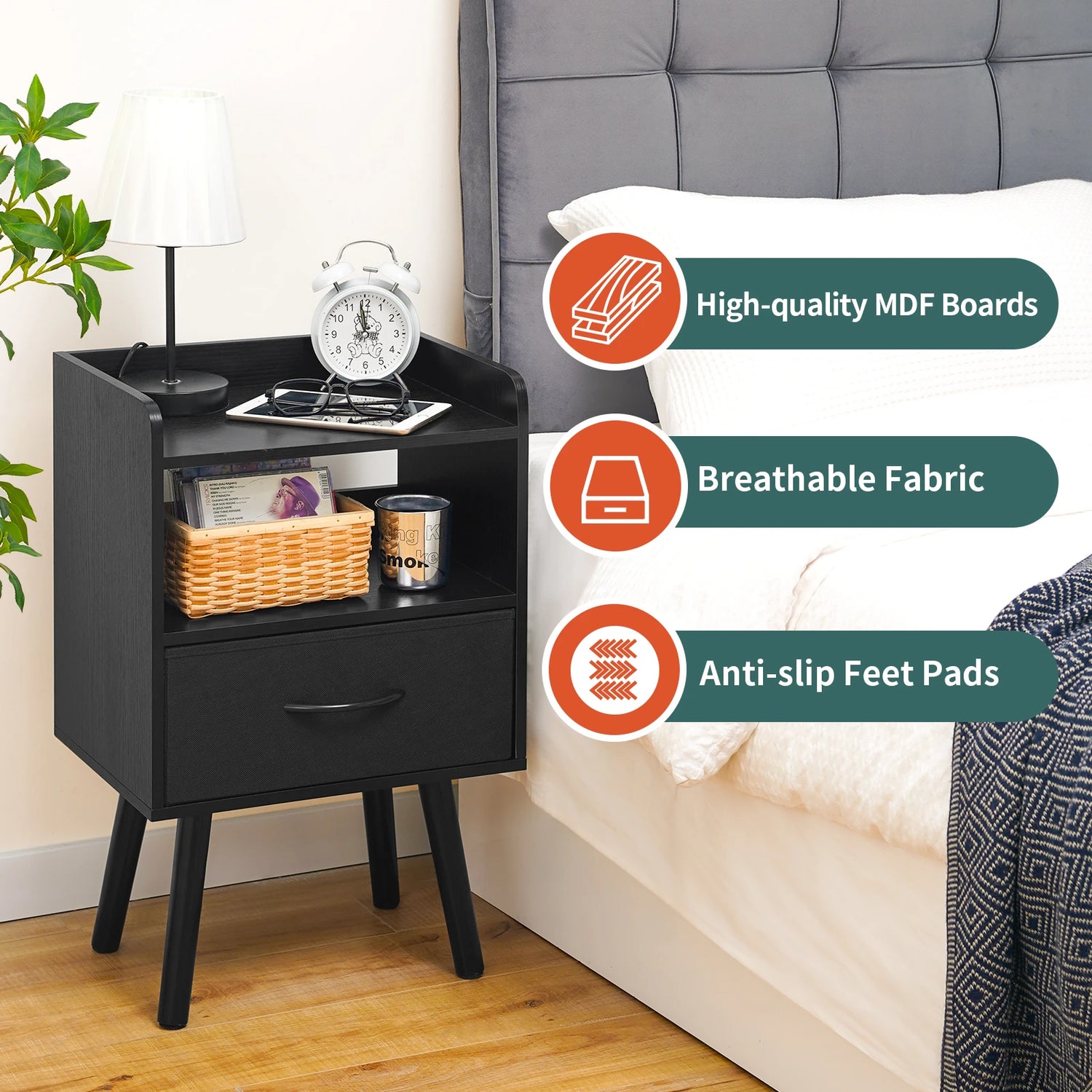 Yoob Night Stand with Fabric Drawer, Mid Century Modern Nightstand with Open Shelf, Wood Side Table Nightstands, 2-Tier Night Stands for Bedrooms