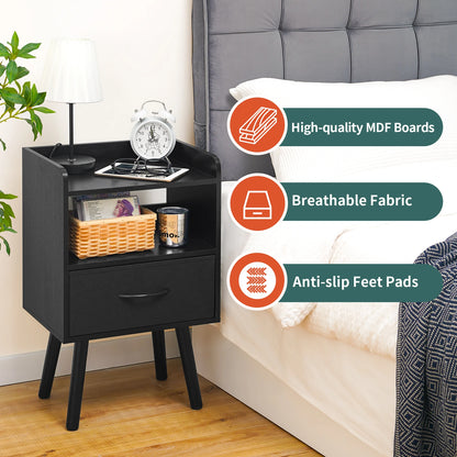 Yoob Night Stand with Fabric Drawer, Mid Century Modern Nightstand with Open Shelf, Wood Side Table Nightstands, 2-Tier Night Stands for Bedrooms