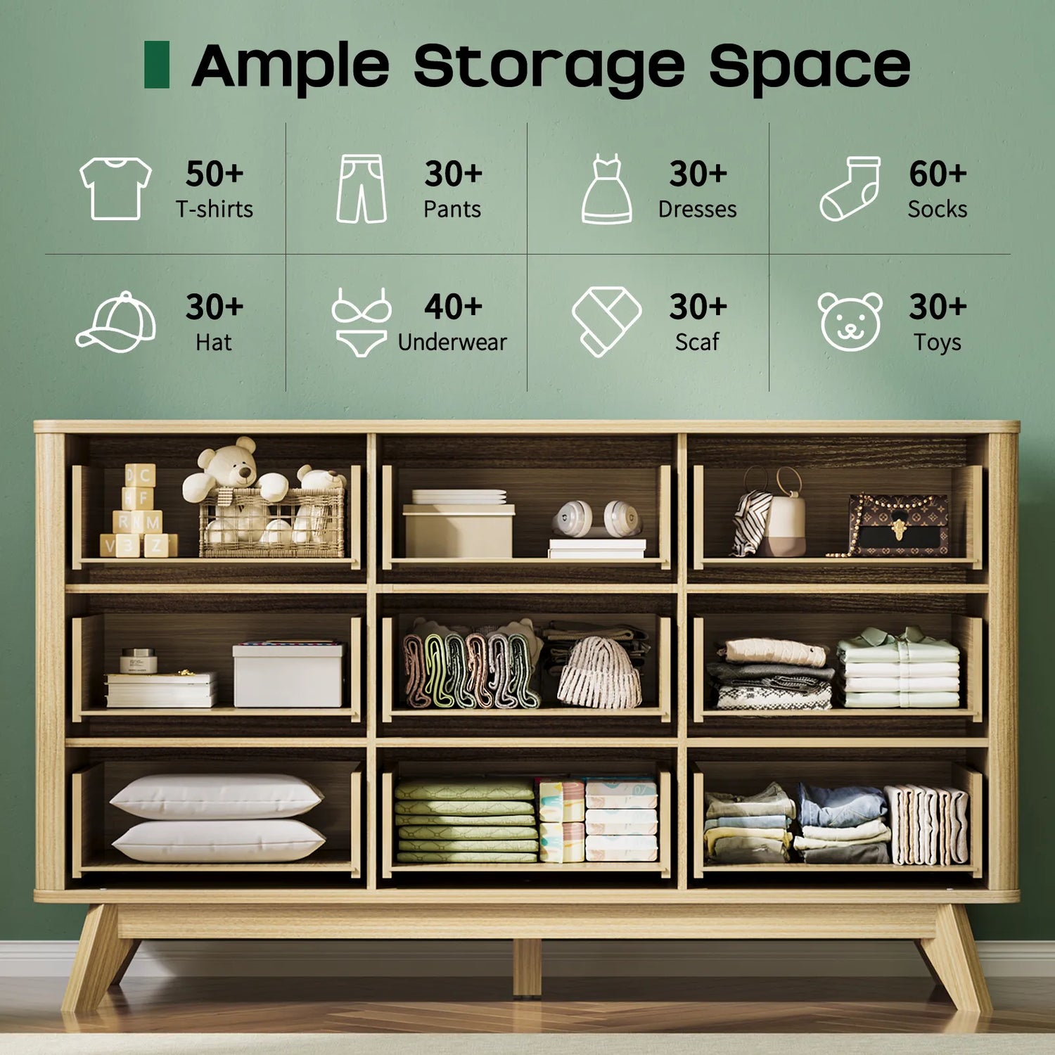 9 Drawer Dresser for Bedroom, Fluted Wood Dresser for Storage, Mid Century Modern Dressers &amp; Chests of Drawers for Closet Living Room Entryway