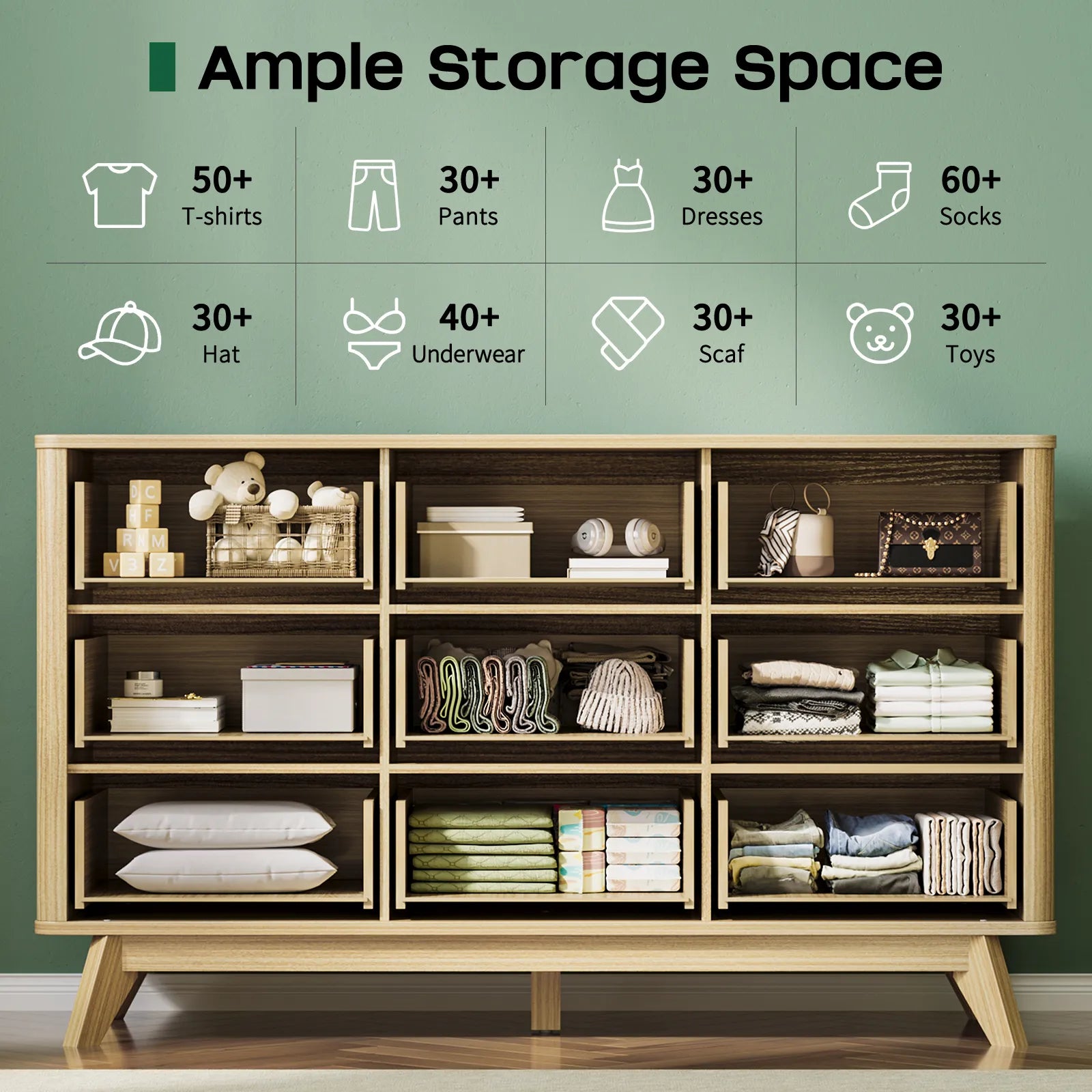 9 Drawer Dresser for Bedroom, Fluted Wood Dresser for Storage, Mid Century Modern Dressers &amp; Chests of Drawers for Closet Living Room Entryway